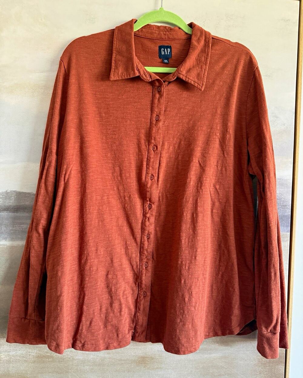 GAP Brown Solid Knit Button-Up Shirt Long Sleeve XXL Point Collar